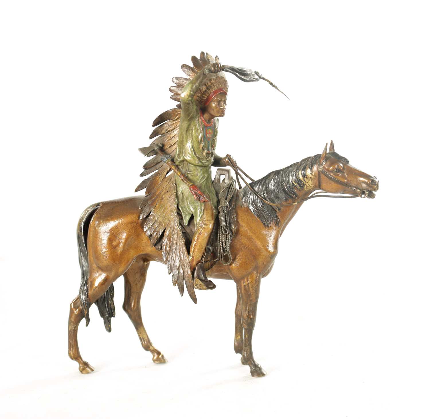 Lot 823 - A LATE 19TH CENTURY COLD PAINTED BRONZE SCULPTURE OF A RED INDIAN ON HORSEBACK BY FRANS BERGMAN