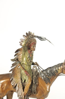 Lot 823 - A LATE 19TH CENTURY COLD PAINTED BRONZE SCULPTURE OF A RED INDIAN ON HORSEBACK BY FRANS BERGMAN