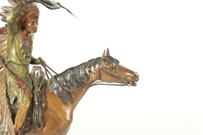 Lot 823 - A LATE 19TH CENTURY COLD PAINTED BRONZE SCULPTURE OF A RED INDIAN ON HORSEBACK BY FRANS BERGMAN