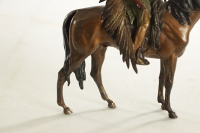 Lot 823 - A LATE 19TH CENTURY COLD PAINTED BRONZE SCULPTURE OF A RED INDIAN ON HORSEBACK BY FRANS BERGMAN