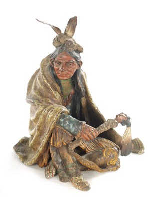 Lot 757 - CARL KAUBA (1865-1922). A 19TH CENTURY COLD PAINTED BRONZE SCULPTURE OF A SEATED RED INDIAN