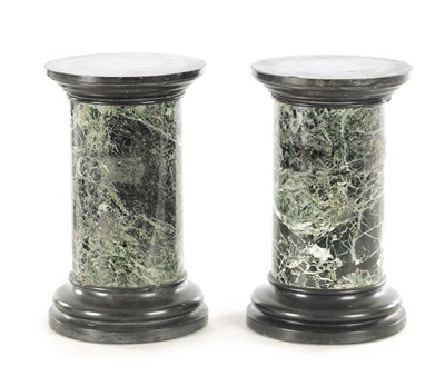 Lot 683 - A PAIR OF 19TH CENTURY BLACK SLATE ANTICO VERDE MINIATURE MARBLE COLUMNS