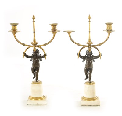 Lot 692 - A PAIR OF 19TH CENTURY WHITE MARBLE ORMOLU AND BRONZE TWO BRANCH CANDELABRA