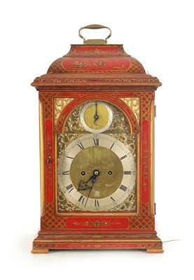 Lot 1055 - JOHNATHAN COLEMAN, LONDON. A GEORGE III AND LATER SCARLET LACQUER AND CHINOISERIE DECORATED EIGHT-DAY VERGE BRACKET CLOCK