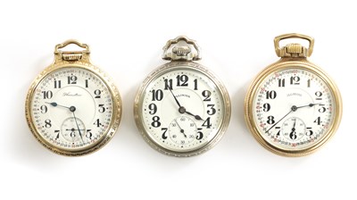 Lot 352 - THREE GOLD FILLED AMERICAN OPEN FACED POCKET WATCHES