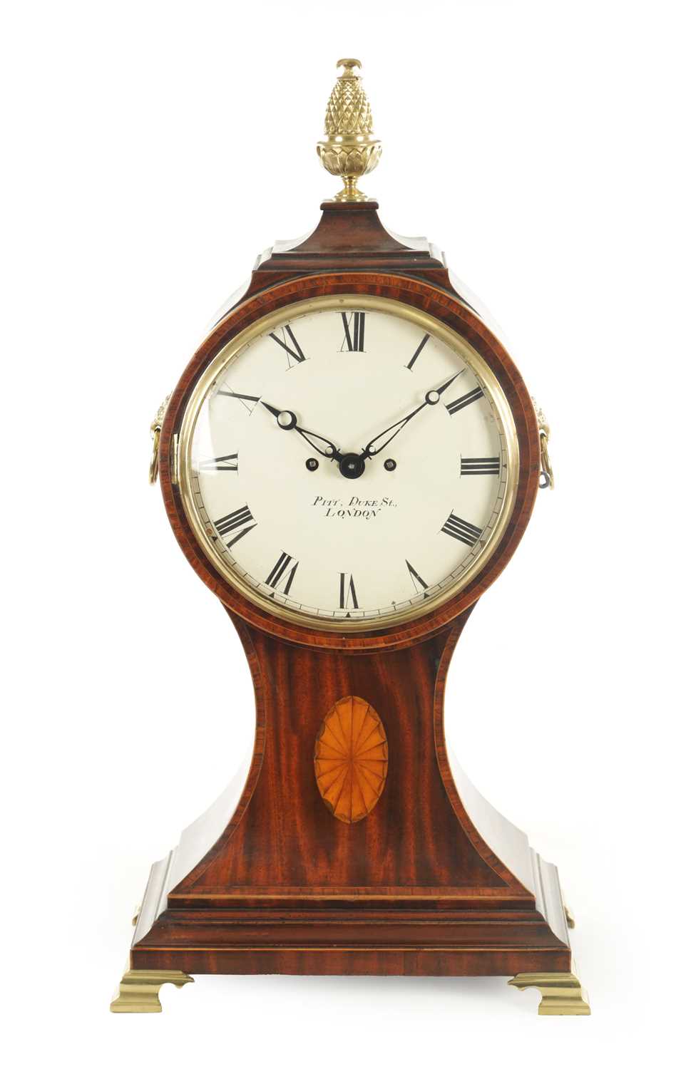 Lot 1090 - PITT, DUKE STREET, LONDON A GEORGE III OVERSIZED FIGURED MAHOGANY AND BRASS MOUNTED ‘BALLOON’ BRACKET CLOCK