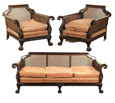 Lot 1324 - A VICTORIAN MAHOGANY THREE PIECE BERGERE SUITE IN THE CHIPPENDALE MANNER