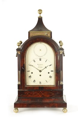 Lot 1021 - RUSSELL, BARBICAN, LONDON A LATE GEORGE III BRASS MOUNTED MAHOGANY THREE-TRAIN BRACKET CLOCK