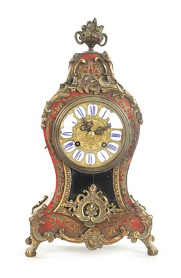 Lot 1121 - A 19TH CENTURY FRENCH ROCOCO BRASS MOUNTED AND INLAID RED TORTOISESHELL BOULLEWORK MANTEL CLOCK