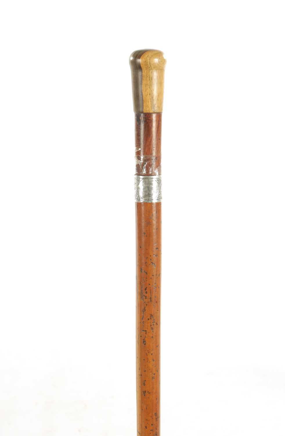 Lot 444 - A 19TH CENTURY MALACCA SWORD STICK WITH MONOGRAMMED SCROLL ENGRAVED SILVER METAL FERRULE DATED 1865