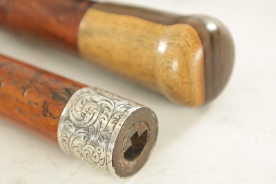 Lot 444 - A 19TH CENTURY MALACCA SWORD STICK WITH MONOGRAMMED SCROLL ENGRAVED SILVER METAL FERRULE DATED 1865