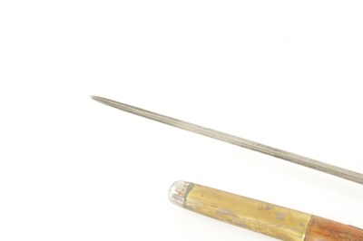 Lot 444 - A 19TH CENTURY MALACCA SWORD STICK WITH MONOGRAMMED SCROLL ENGRAVED SILVER METAL FERRULE DATED 1865