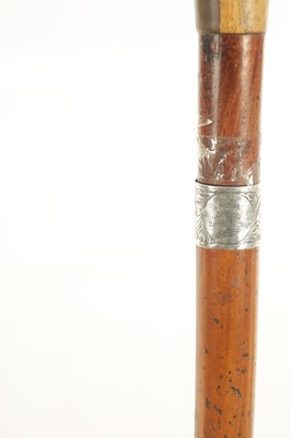 Lot 444 - A 19TH CENTURY MALACCA SWORD STICK WITH MONOGRAMMED SCROLL ENGRAVED SILVER METAL FERRULE DATED 1865