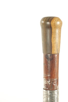 Lot 444 - A 19TH CENTURY MALACCA SWORD STICK WITH MONOGRAMMED SCROLL ENGRAVED SILVER METAL FERRULE DATED 1865