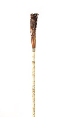 Lot 464 - A CHINESE CARVED ANTLER HORN AND BONE WALKING STICK