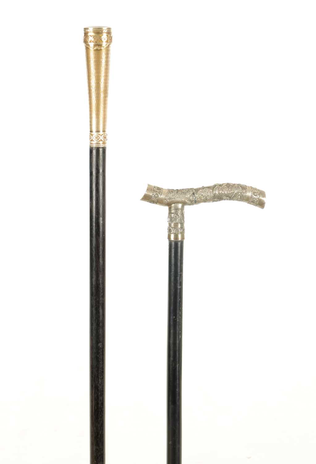 Lot 435 - A LATE 19TH CENTURY CONTINENTAL GILT METAL MOUNTED EBONISED WALKING CANE