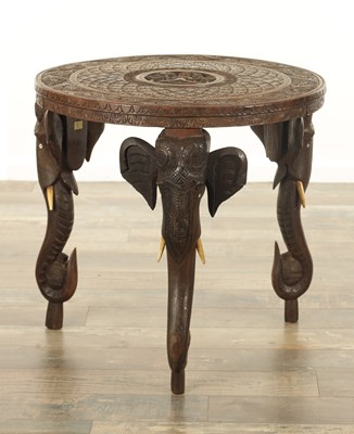 Lot 143 - A 19TH CENTURY INDIAN CARVED HARDWOOD OCCASIONAL TABLE