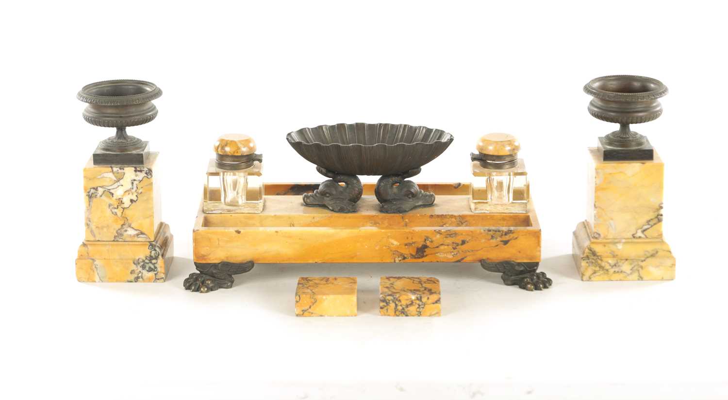 Lot 795 - A 19TH CENTURY ITALIAN BRONZE AND SIENNA MARBLE DESK SET COMPRISING OF AN INKSTAND, A PAIR OF TAZZAS AND A PAIR OF PAPERWEIGHTS