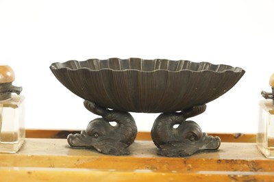 Lot 795 - A 19TH CENTURY ITALIAN BRONZE AND SIENNA MARBLE DESK SET COMPRISING OF AN INKSTAND, A PAIR OF TAZZAS AND A PAIR OF PAPERWEIGHTS