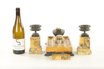 Lot 795 - A 19TH CENTURY ITALIAN BRONZE AND SIENNA MARBLE DESK SET COMPRISING OF AN INKSTAND, A PAIR OF TAZZAS AND A PAIR OF PAPERWEIGHTS
