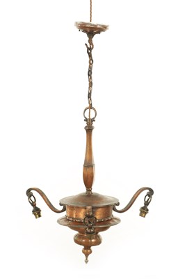 Lot 670 - AN EARLY 20TH CENTURY COPPER THREE BRANCH CHANDELIER WITH VASALINE SHADES