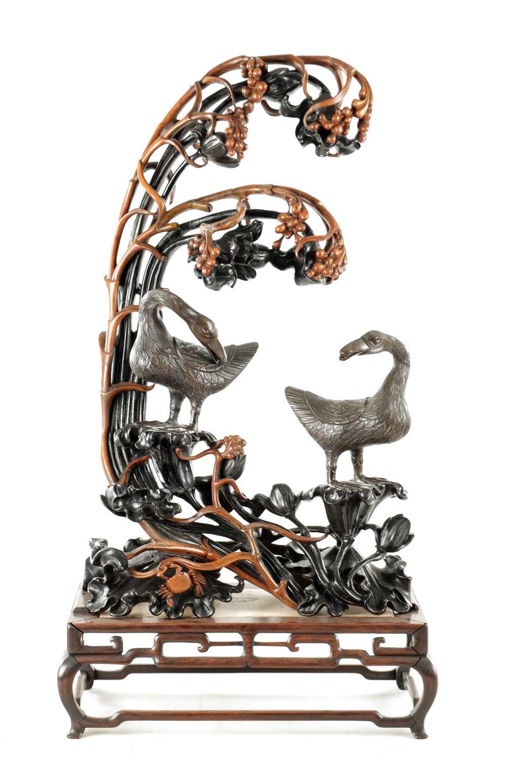 Lot 240 - AN IMPRESSIVE 19TH CENTURY CHINESE CARVED HARDWOOD AND BRONZE MOUNTED SCULPTURE