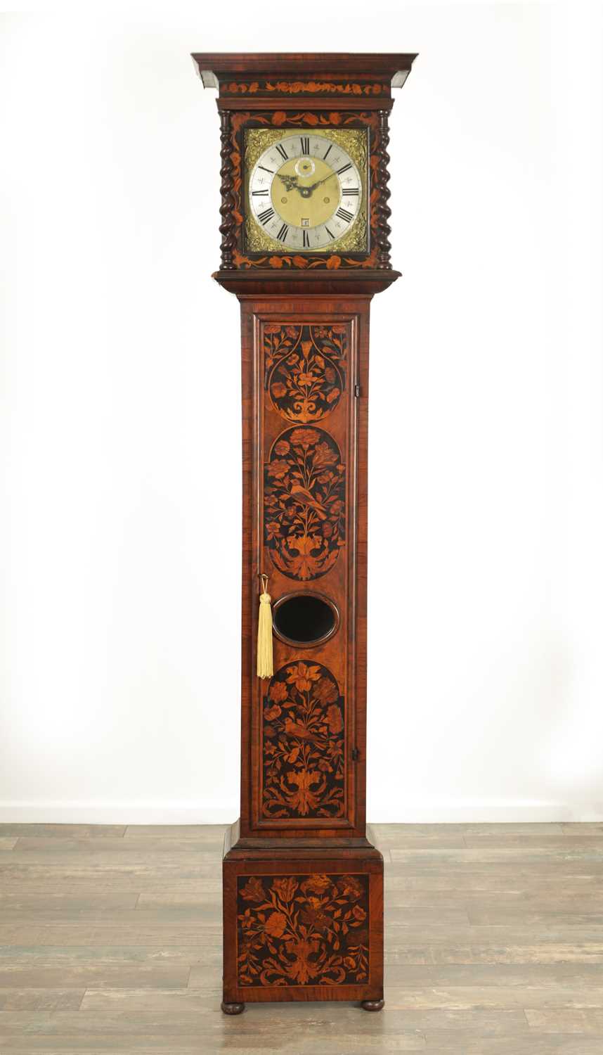 Lot 1134 - EDWARD STANTON, LONDON. A FINE WILLIAM AND MARY PANELLED MARQUETRY 10" LONGCASE CLOCK