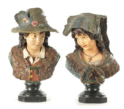 Lot 649 - A LARGE PAIR OF LATE 19TH CENTURY AUSTRIAN POLYCHROME PLASTER BUSTS