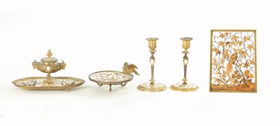 Lot 800 - A FINE 19TH CENTURY FRENCH FIVE PIECE GILT BRONZE IVORY AND MARQUETRY INLAID DESK SET BY FERDINAND DUVINAGE