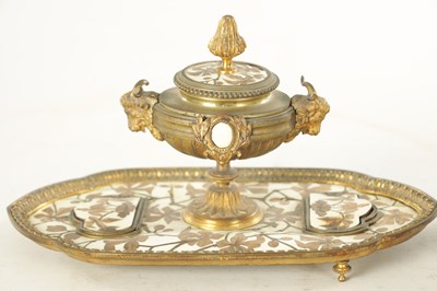 Lot 800 - A FINE 19TH CENTURY FRENCH FIVE PIECE GILT BRONZE IVORY AND MARQUETRY INLAID DESK SET BY FERDINAND DUVINAGE