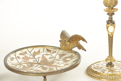 Lot 800 - A FINE 19TH CENTURY FRENCH FIVE PIECE GILT BRONZE IVORY AND MARQUETRY INLAID DESK SET BY FERDINAND DUVINAGE