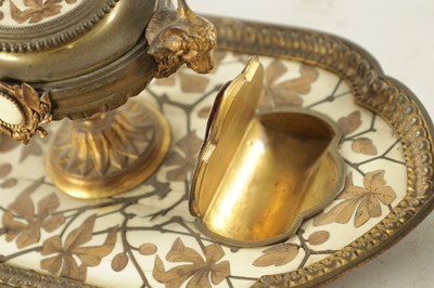 Lot 800 - A FINE 19TH CENTURY FRENCH FIVE PIECE GILT BRONZE IVORY AND MARQUETRY INLAID DESK SET BY FERDINAND DUVINAGE