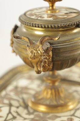 Lot 800 - A FINE 19TH CENTURY FRENCH FIVE PIECE GILT BRONZE IVORY AND MARQUETRY INLAID DESK SET BY FERDINAND DUVINAGE