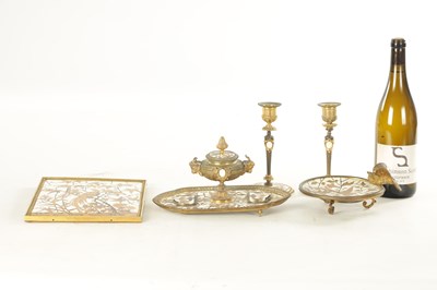 Lot 800 - A FINE 19TH CENTURY FRENCH FIVE PIECE GILT BRONZE IVORY AND MARQUETRY INLAID DESK SET BY FERDINAND DUVINAGE