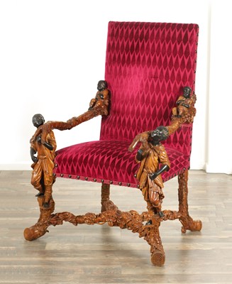 Lot 1282 - A 19TH CENTURY ITALIAN CARVED WALNUT BLACKAMOOR ARMCHAIR