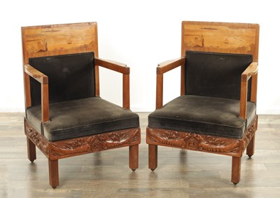 Lot 1352 - A PAIR OF LATE 19TH CENTURY ART NOUVEAU INLAID MAHOGANY ARMCHAIRS IN THE MANNER OF EMILE GALLE