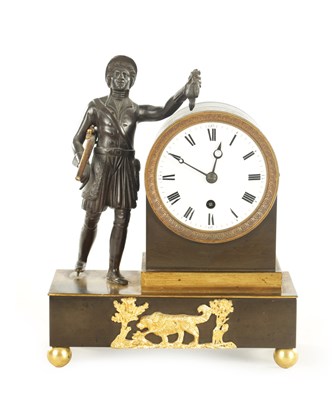 Lot 1019 - AN ENGLISH REGENCY BRONZE AND ORMOLU FIGURAL FUSEE MANTEL CLOCK