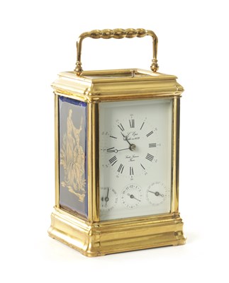 Lot 1089 - L’ EPEE. A 20TH CENTURY FRENCH PORCELAIN PANELLED REPEATING CARRIAGE CLOCK