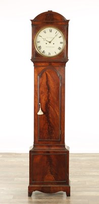 Lot 999 - MALLETT, BARNSTAPLE. A REGENCY FIGURED MAHOGANY LONGCASE CLOCK