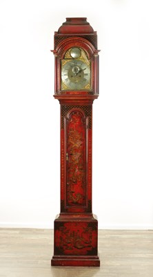 Lot 1142 - THOMAS HILL, LONDON. A GEORGE III SCARLET LACQUERED CHINOISERIE LONGCASE CLOCK