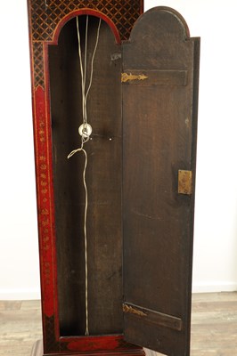 Lot 1142 - THOMAS HILL, LONDON. A GEORGE III SCARLET LACQUERED CHINOISERIE LONGCASE CLOCK