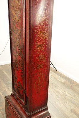 Lot 1142 - THOMAS HILL, LONDON. A GEORGE III SCARLET LACQUERED CHINOISERIE LONGCASE CLOCK