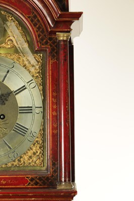 Lot 1142 - THOMAS HILL, LONDON. A GEORGE III SCARLET LACQUERED CHINOISERIE LONGCASE CLOCK