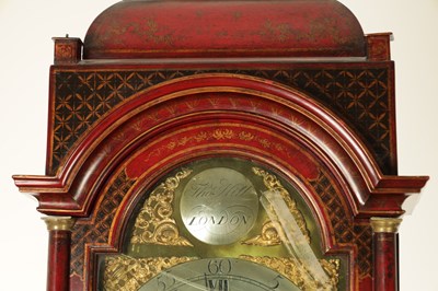 Lot 1142 - THOMAS HILL, LONDON. A GEORGE III SCARLET LACQUERED CHINOISERIE LONGCASE CLOCK
