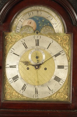 Lot 1126 - WILLIAM BARKER, WIGAN. A GEORGE III FIGURED MAHOGANY LONGCASE CLOCK