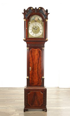 Lot 1084 - A GEORGE III FIGURED MAHOGANY MUSICAL LONGCASE CLOCK