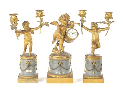 Lot 1051 - A 19TH CENTURY FRENCH ORMOLU AND MARBLE FIGURAL CLOCK GARNITURE