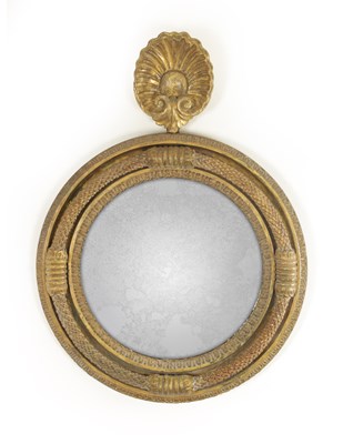 Lot 1362 - A REGENCY IRISH STYLE CONVEX GILT-WOOD HANGING MIRROR OF SMALL SIZE