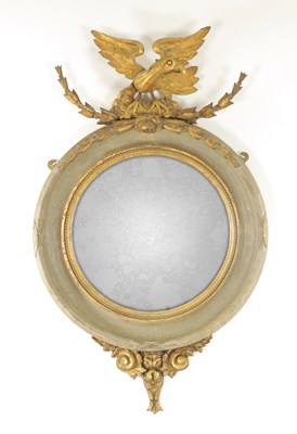 Lot 1315 - A REGENCY PAINTED AND GILT WOOD CONVEX HANGING MIRROR