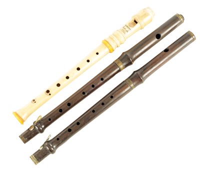 Lot 611 - TWO LATE 19TH CENTURY FIFE FLUTES AND A GERMAN SCHOTT RECORDER